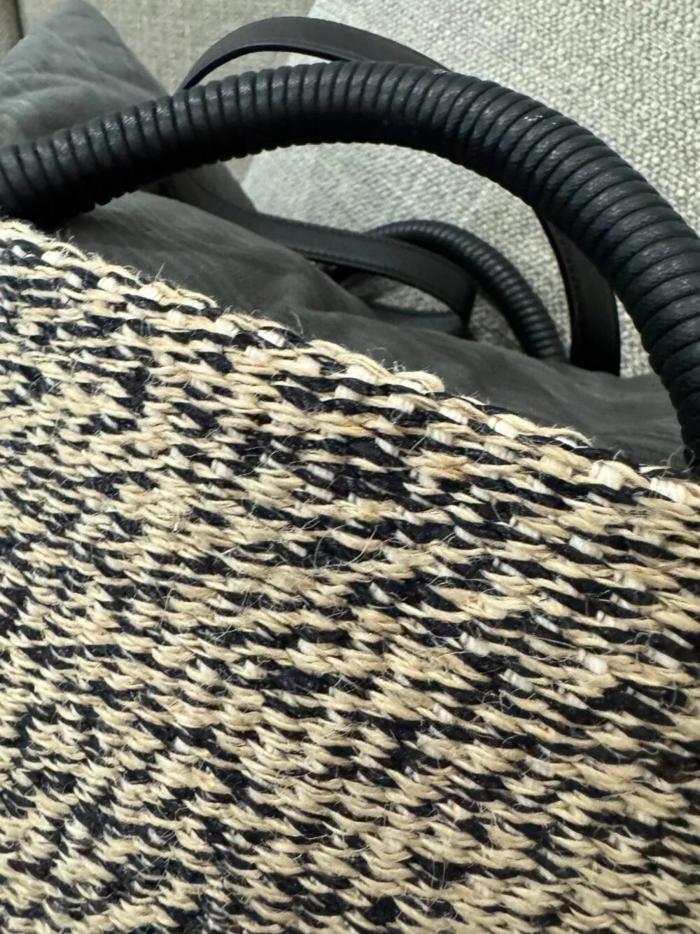 Cuyana Raffia Woven Tote Black White Leather Trim Large Quiet Luxury Beach Bag
